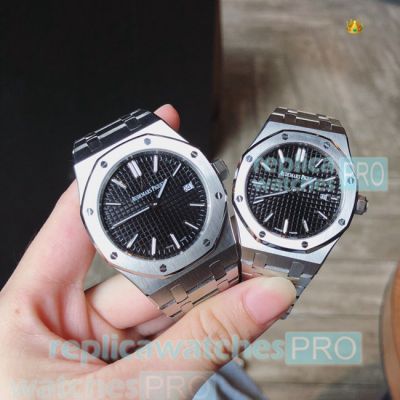 Top Quality Copy Audemars Piguet Royal Oak Black Dial Stainless Steel Lovers Watch Quartz